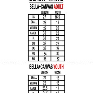 Puede incluir: Una tabla de tallas en blanco y negro para ropa Bella+Canvas para adultos y j&oacute;venes. La tabla enumera las medidas de largo y ancho en pulgadas (aprox. 68,6 cm x 41,9 cm para XS adulto) para varias tallas, incluyendo XS, Small, Medium, Large, XL, 2XL, 3XL, 4XL y 5XL para adultos, y Small, Medium, Large y XL para j&oacute;venes.