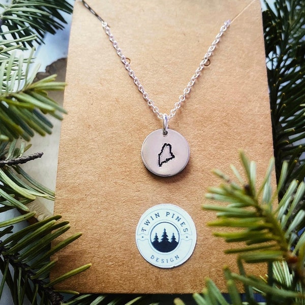 State of Maine Charm Necklace- Sterling silver, 18" inch chain for women, engraved metal charm, jewelry gift