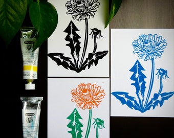 Postcard "Dandelion", Lino print, handmade, linocut, linoleum