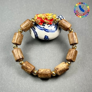 Indonésia | Agarwood Selvagem | Pulseira 11mm | Para homens | Charm com Laranja Profunda - Ouro 24k 2 Chifres Pixiu e Contas de Ouro 18k