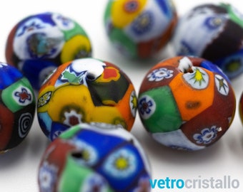 Lotto 5 Perle vetro di Murano tonda murrine millefiori Ø14. Pasta di vetro opaca. Foro passante