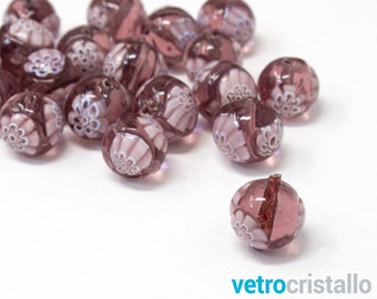 Lot 6 pieces Murano glass amethyst color round bead 12 mm with millefiori murrine, through hole for DIY jewelry