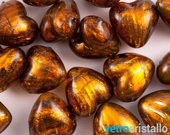 6 x handmade 21 mm Murano glass heart beads, dark amber color, submerged gold leaf and through-hole for costume jewelry.