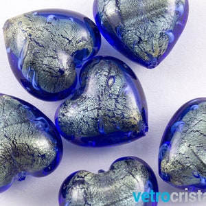 6 x Murano glass heart beads 20mm crystal and gold leaf submerged, through hole for handmade costume jewelry Made in Italy