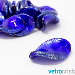 Lot 5 handmade Murano glass twisted beads 32 mm. Blue glass and silver leaf, through hole for DIY costume jewelry