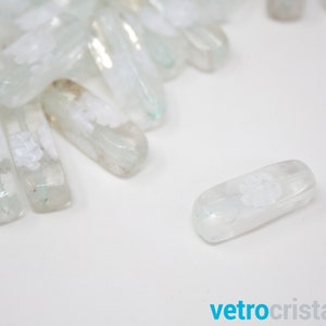 Lot 6 pieces Murano glass bead tube 24 mm rectangular with white millefiori murrine, through hole for DIY jewelry