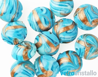 Lot of 10 pieces Murano glass bead color turquoise with aventurine Ø14 mm