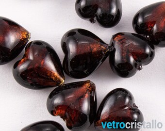 6 x handmade 15 mm Murano glass heart beads, amethyst color, submerged gold leaf and through-hole for costume jewelry.
