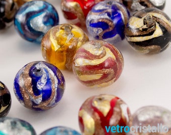Lotto 12 pezzi perle in vetro di Murano colori misti con foglia oro