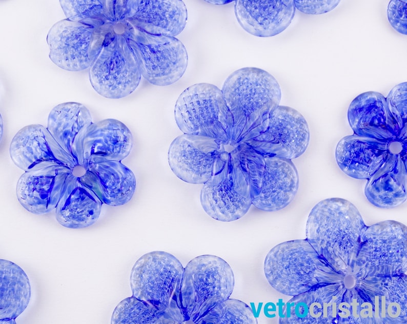 Handmade blue color Murano glass flower rosette Ø50 mm with central hole, decoration and chandelier replacement image 1