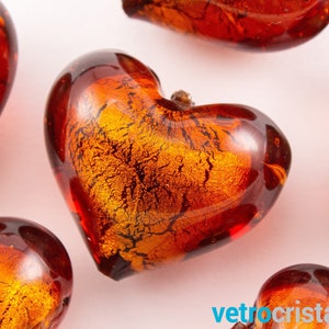 3 x Murano glass heart beads 30 mm Submerged orange glass with gold leaf and through hole for costume jewelry
