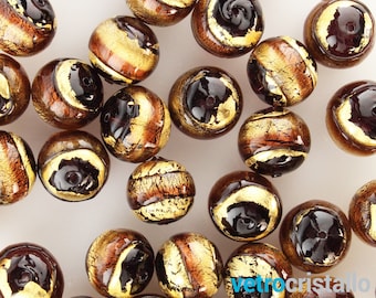 Murano Glass Beads: Amethyst with Gold Leaf (14mm, Lot of 5)