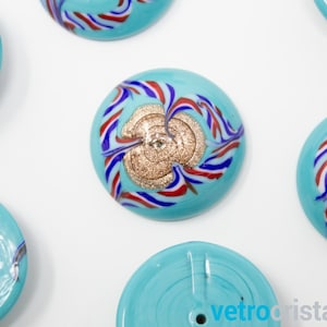 5 x Murano cabochon Bead Ø23 mm turquoise paste glass with white, blue and aventurine decorations. Handmade back hole