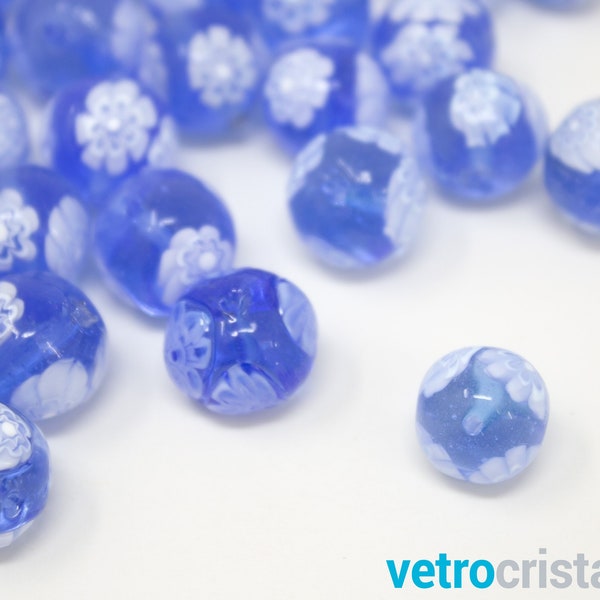 Lot de 6 pièces Perle ronde en verre de Murano 12 mm avec Murrine millefiori bleu clair, trou traversant pour bijoux DIY
