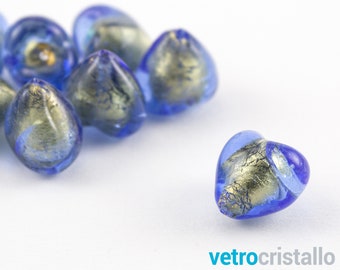 Lot 5 Murano glass heart beads 15 mm blue color, submerged gold leaf and through hole for costume jewelry