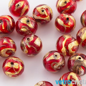 Lot 5 pieces round Murano glass bead Ø18 mm ruby and red color with gold leaf