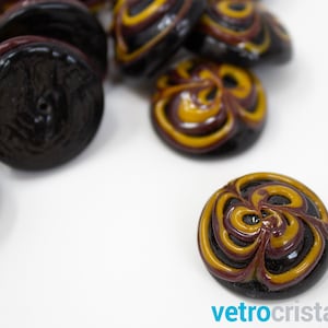 5 x Murano cabochon glass Vintage beads Phoenician decor Ø20 mm black with amber paste decorations. Back hole