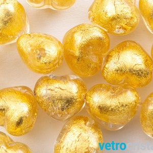 6 x Murano glass heart beads 13 mm crystal with submerged gold leaf, horizontal through hole for costume jewelry, handmade