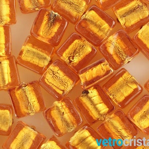 Lot 10 pieces square Murano glass bead 12 mm topaz color with gold leaf