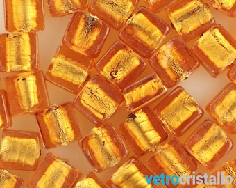 Lot 10 pieces square Murano glass bead 12 mm topaz color with gold leaf