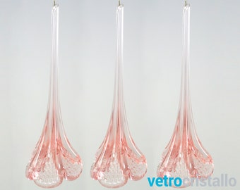 Set of 3 Antique Pink Murano Glass Flower Pendants - 12cm