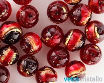 Lot de 5 perles rondes en verre de Murano immergées Ø14. Verre rouge, améthyste, feuille d'or avec trou traversant pour bijoux fantaisie DIY