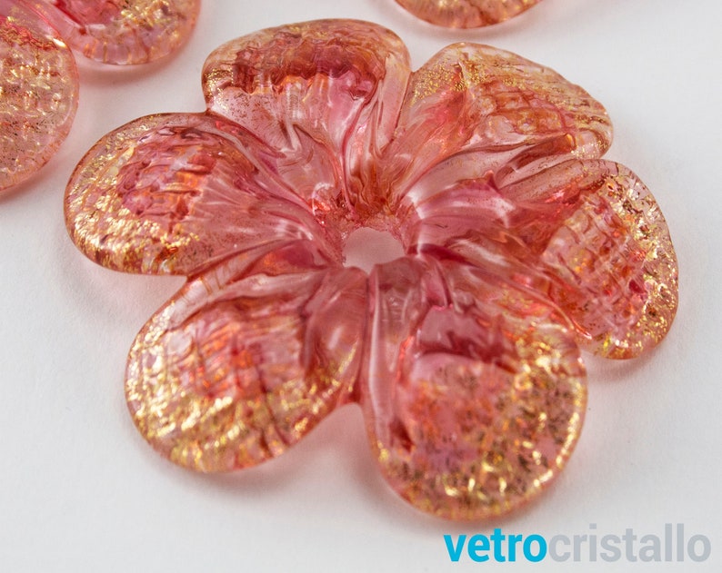 Handmade ruby and gold color Murano glass flower rosette Ø50 mm with central hole, decoration and chandelier replacement image 1