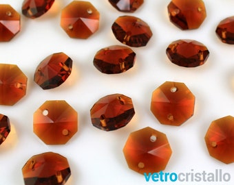 Lot 100 Amber Octagons crystal glass beveled 16 faces 2 holes 14 mm