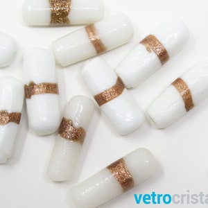 Lot 6 pieces Murano cylinder bead with aventurine wire Ø8x20 White paste glass, through hole for DIY jewelry