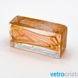 Set 3 pieces small Murano glass brick 6cm length, crystal color with orange core, furniture design creative walls