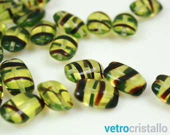 Vintage Murano Glass Beads: Striped Green & Brown, 15mm