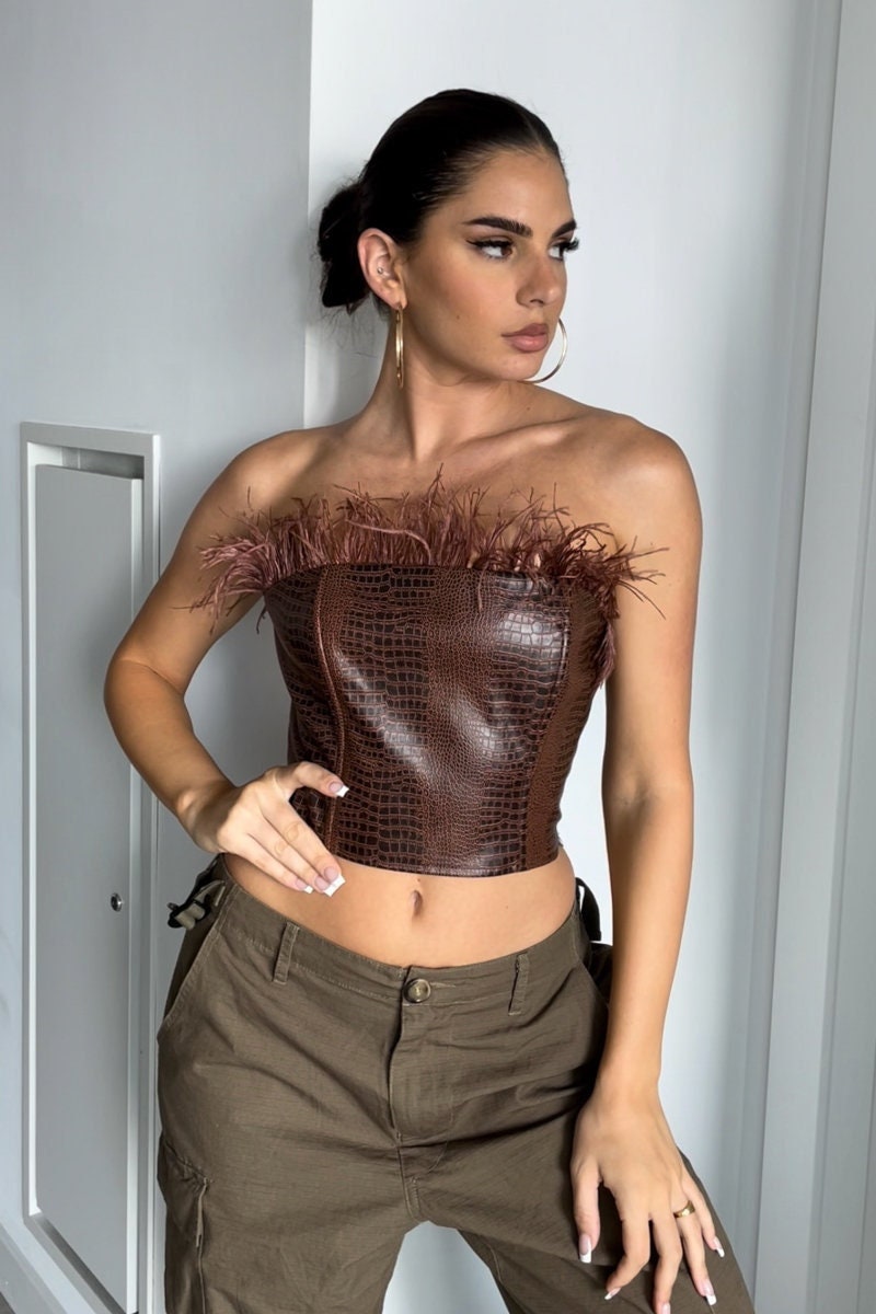 Inevnen Feather Trim Long Sleeve Corset Crop top Square Neck Blouse Push Up  Party Boned Bustier 