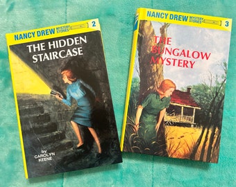 Set of 2 Vintage Nancy Drew Hardback Books-The Hidden Staircase/1987-The Bungalow Mystery/1988-FREE SHIPPING