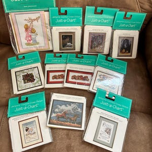 May include: A collection of Janlynn's Just-a-Chart counted cross-stitch kits. The kits feature various designs, including children, animals, and landscapes. Each kit is packaged in a clear plastic sleeve with a teal and white header.