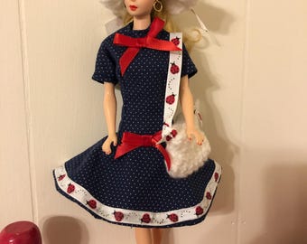 Handmade 6 Piece Outfit for 11.5" Fashion Dolls-Includes Dress, Hat, Purse, Panties/Underwear-FREE SHIPPING