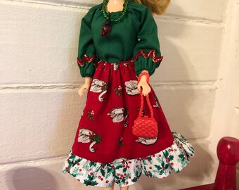 Handmade Christmas Outfit for 11.5" Fashion Dolls- 7 Piece -Top, Skirt, Purse, Panties/Underwear, Shoes, Necklace-FREE SHIPPING