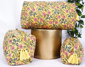 Cotton Quilted Makeup Pouch Trio | Block Printed Toiletry Bags | Gift Set for Her