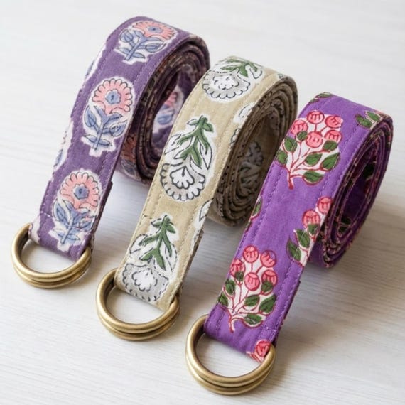 Hand Block Print Cotton D-Ring Belt for Women | Floral Webbing Belt | Adjustable Summer Belt | Antique Brass Hardware | Gift for Her