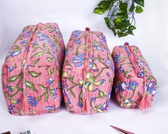 Handmade Cotton Makeup Bags Set of 3 | Indian Block Print Toiletry Organizers | Travel Pouches