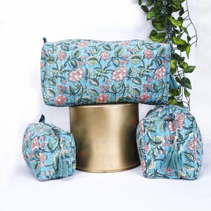 Set di beauty case con stampa a blocchi / Trio di trousse per il trucco trapuntate in 100% cotone / Custodia da viaggio artigianale Jaipur