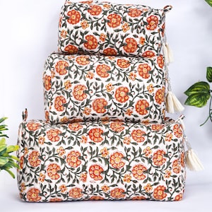 Set di 3 trousse cosmetiche in cotone trapuntato fatte a mano / Trousse da toeletta con stampa a blocchi indiani / Regalo per lei