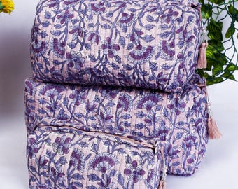 Set of 3 Quilted Cosmetic Pouches | Handmade Block Print Bags | Gift for Bridesmaids