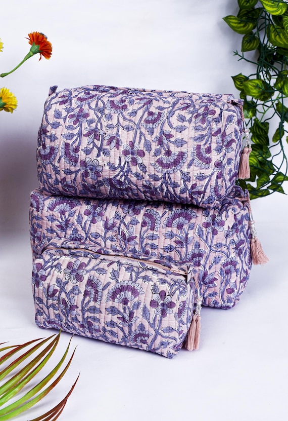 Set of 3 Quilted Cosmetic Pouches | Handmade Block Print Bags | Gift for Bridesmaids