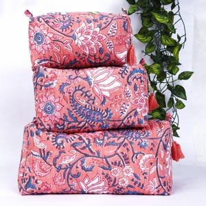 Pochette da toeletta trapuntate ecologiche / Set di borse per il trucco con stampa a blocchi di cotone / Fatte a mano in India