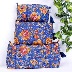Set di 3 trousse per cosmetici in cotone trapuntato / Borse da toilette fatte a mano con stampa a blocchi / Pochette per il trucco con stampa a blocchi / Regalo per lei