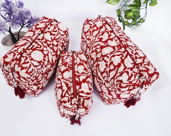 Boho Quilted Cotton Cosmetic Bag Set: Handmade Block Print Toiletry Pouches