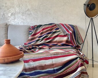 Manta bereber marroquí vintage tejida a mano: manta de rayas multicolores