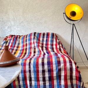 Multicoloured Vintage Handwoven Moroccan Berber Blanket With A Unique Motif
