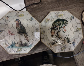 Moonlighting Interiors  Decoupage Glass Plates Parrots - Set Of 2
