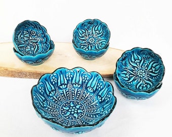 Embossed Turkish Ceramic Small Serving Bowls Set of 7 Handpainted Colorful Decorative Food Safe Tapas Snack Sauce Breakfast Pottery Gift